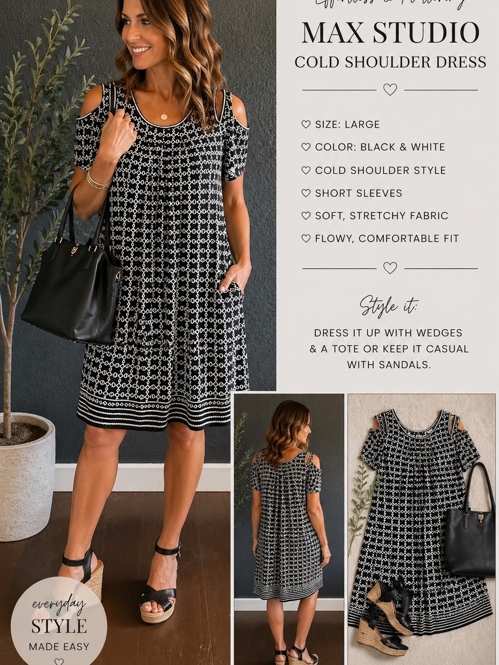 Max Studio Black & White Cold Shoulder Dress Size L – Flowy, Excellent Condition